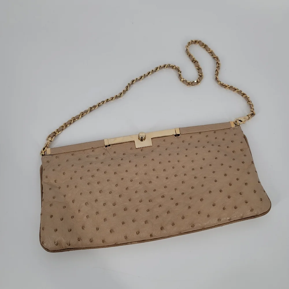 ALIEL Beige Ostrich Leather Flat Clutch Handbag NEW Made in Italy Gold